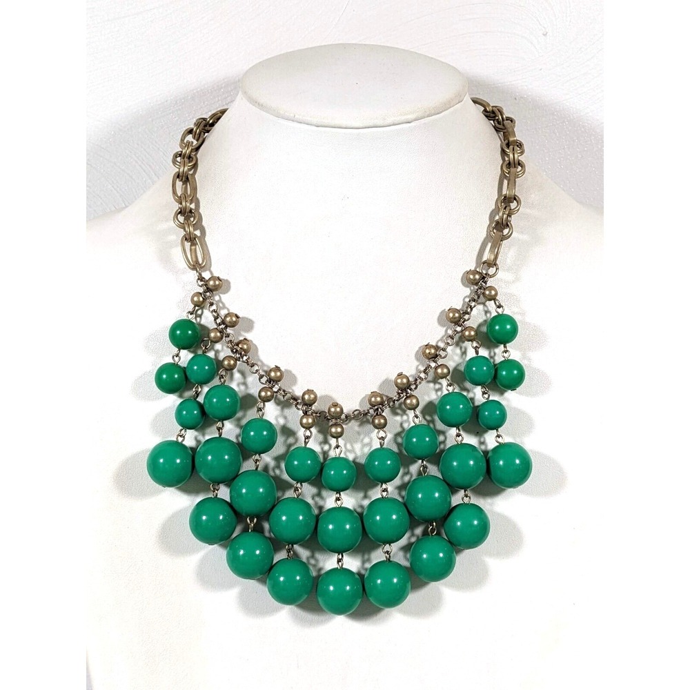 Stella & Dot Jolie Green Bauble Ball Statement Necklace Antique Gold Tone‎ 21"